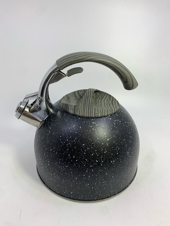 BLACK SPECKLED STAINLESS STEEL KETTLE.