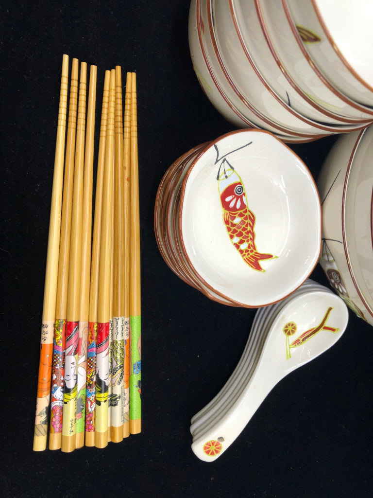 24 PC WHITE FISH PAINTED RAMEN BOWL SET - 6 LARGE BOWLS, 6 SMALL BOWLS, 6 SOY SA