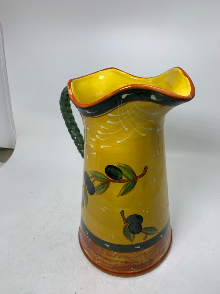 LARGE OLIVE W/ BRANCHES GREEN TWISTED HANDLE PITCHER.
