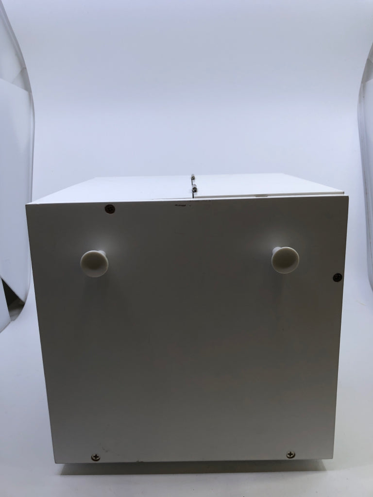 WHITE ORGANIZATION SPINNING CUBE W/ PULL-OUT DRAWER, 2 HOOKS & MAGNET WALL.