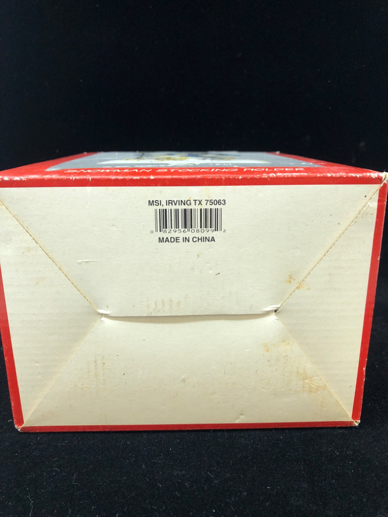 NIB HAND-CARVED WOOD SNOWMAN W/CAT & DOG STOCKING HOLDER.