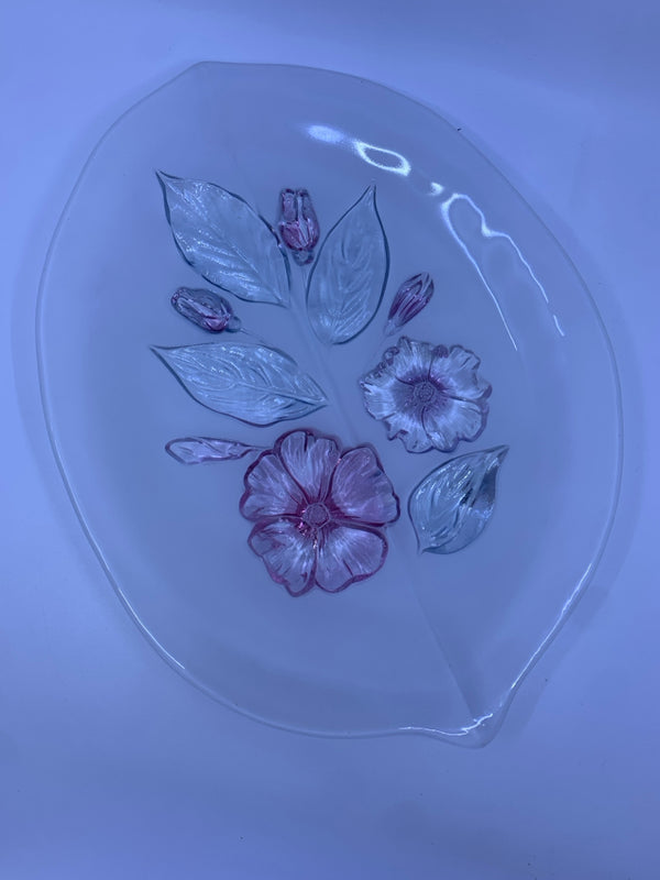 FOOTED FROSTED TRAY W/ ENGRAVED LEAVES PINK FLOWERS.