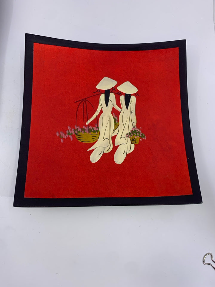 3 RED SQUARE DELICATE PLATES W 2 WOMEN WALKING.