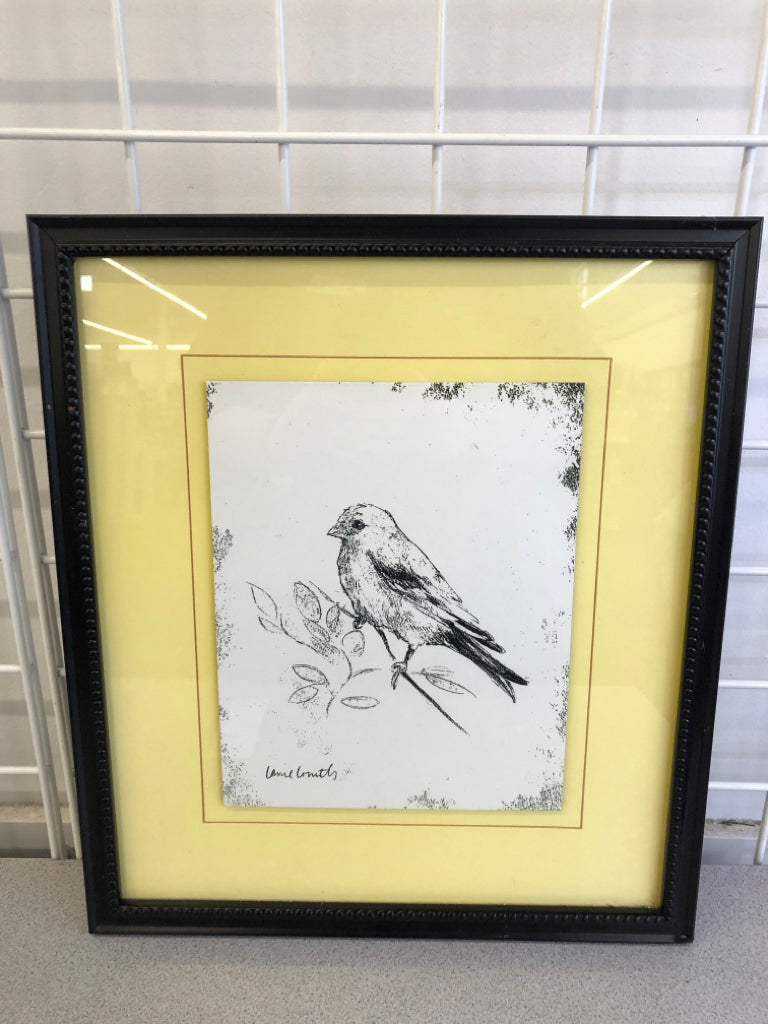 B&W STAMPED PRINT BIRD ON BRANCH LOOKING RIGHT IN FRAME.