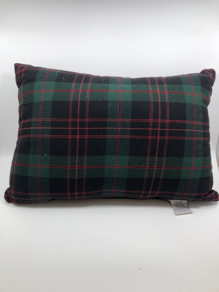 "HOME" GREEN/BLACK/RED PLAID ACCENT PILLOW.