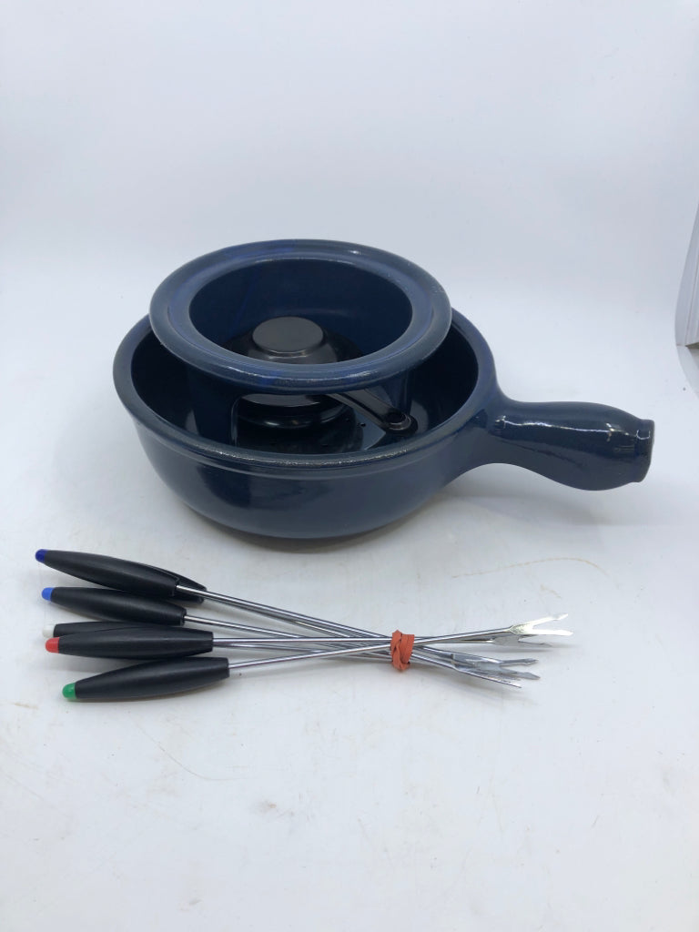 DARK BLUE POTTERY FONDUE SET + FORKS.