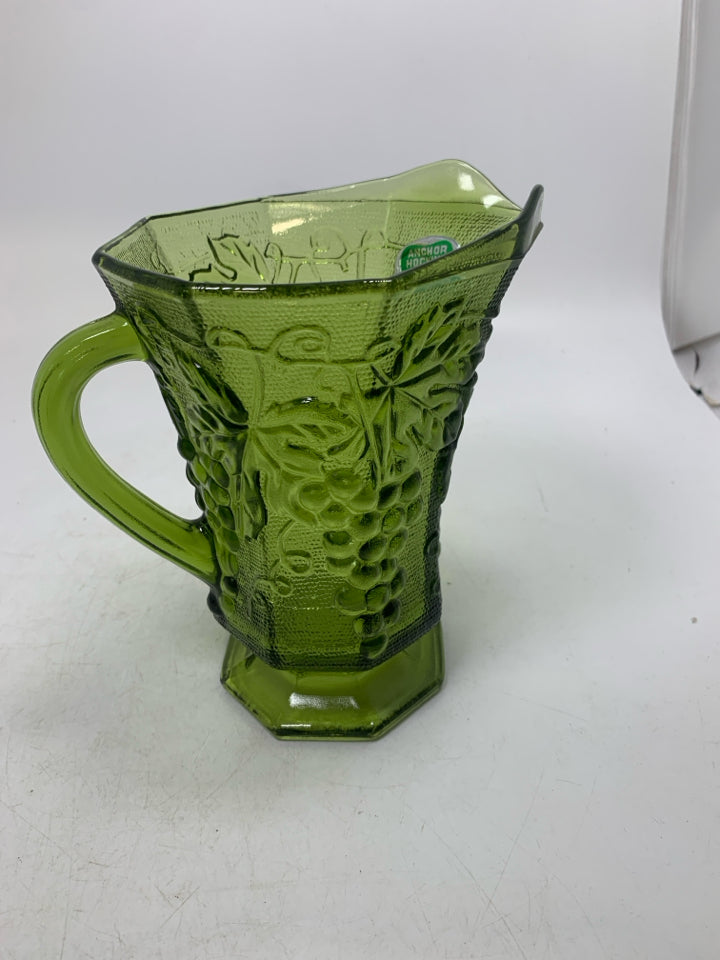 VTG GLASS EMBOSSED GRAPES & VINE PITCHER AVOCADO GREEN.