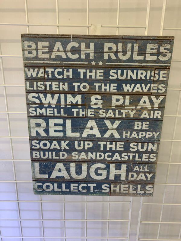 DISTRESSED BLUE "BEACH RULES" WOOD WALL HANGING.