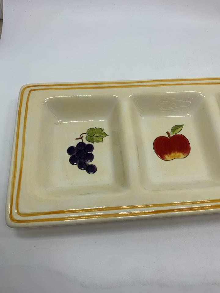 4 SPOT CERAMIC RELISH DISH W/FRUIT PATTERN.