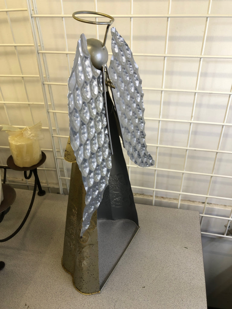 GALVANIZED STANDING ANGEL W/ EMBOSSED SNOWFLAKES.