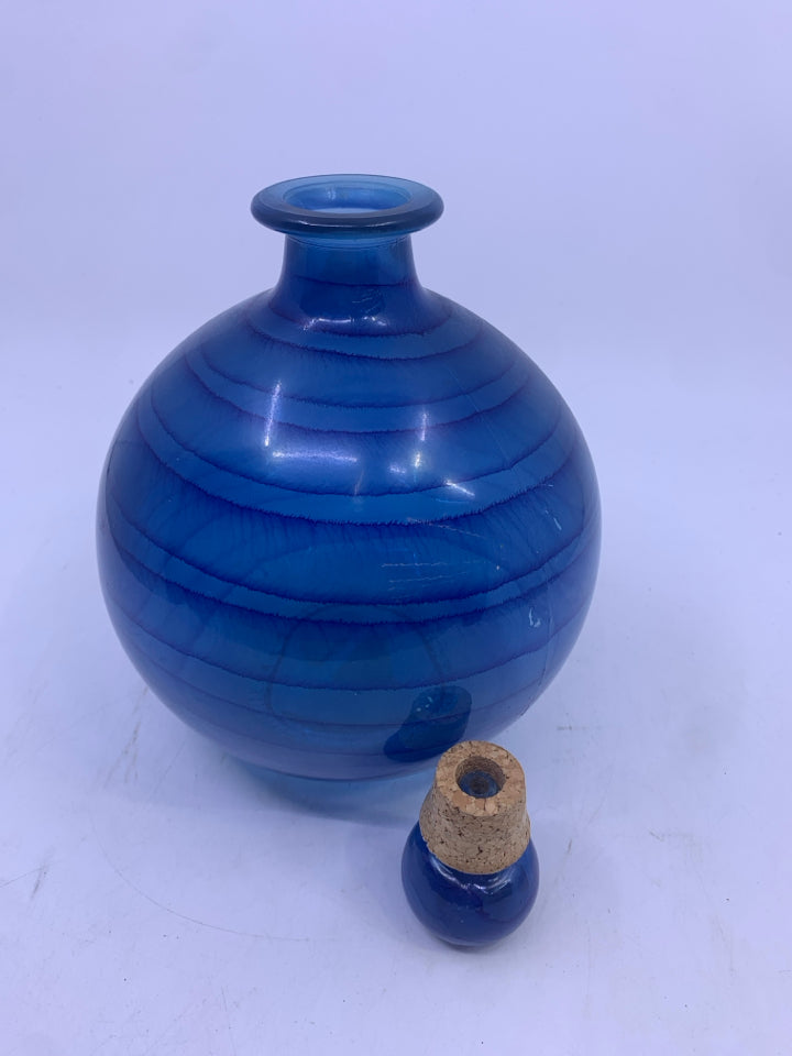 ROUND BLUE GLASS BOTTLE W STOPPER.