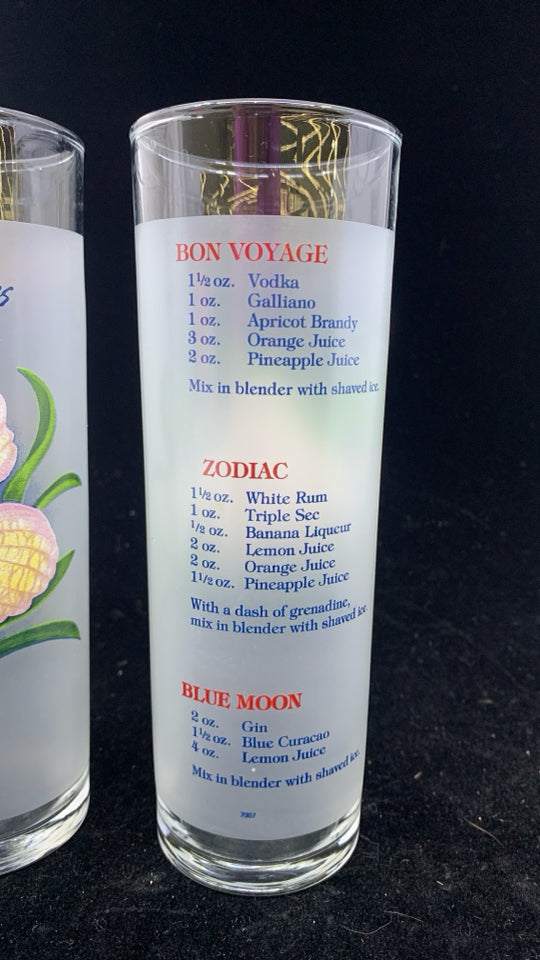2 FLOWER FROSTED HIGHBALL GLASSES W/DRINK RECIPES.