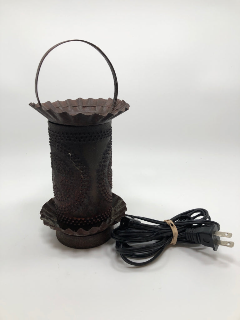 PRIMITIVE PUNCHED TIN LIGHT-UP WAX WARMER.
