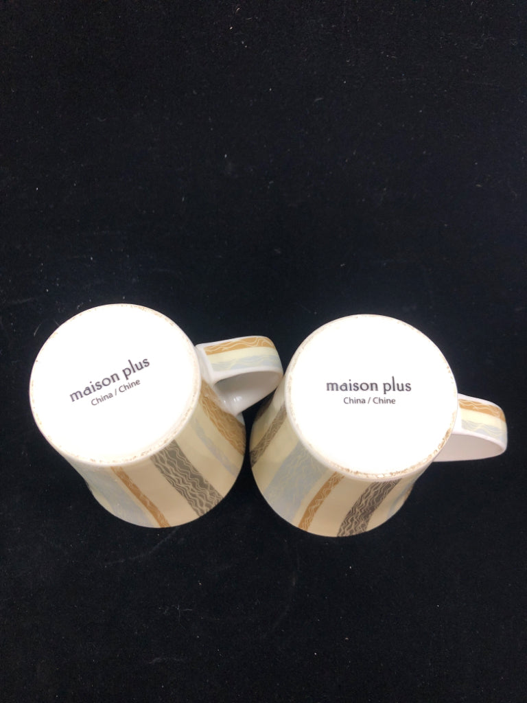 2 GREY/TAN STRIPE COFFEE MUGS.