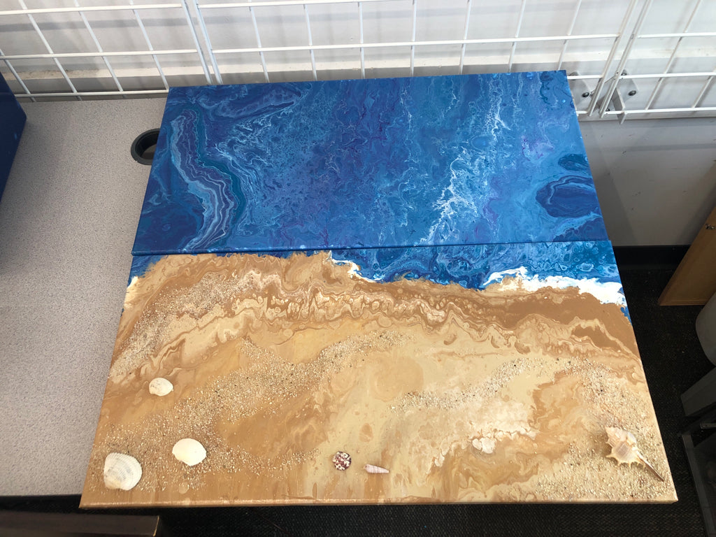 2PC BEACH SCENE CANVAS W/SHELLS.