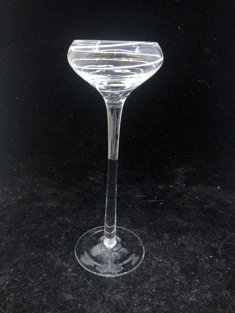 2 FOOTED GLASS TEA LIGHT HOLDERS W/ WHITE SWIRL.