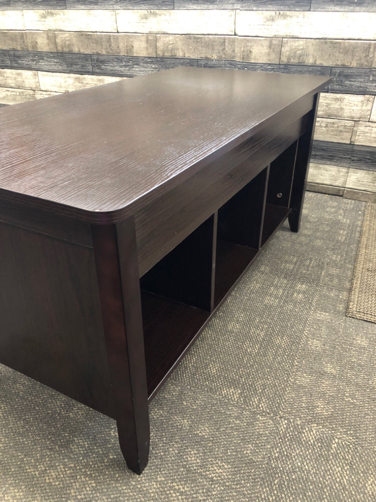DARK FAUX CHERRY WOOD LIFT TOP COFFEE TABLE W/ 3 CUBBIES.