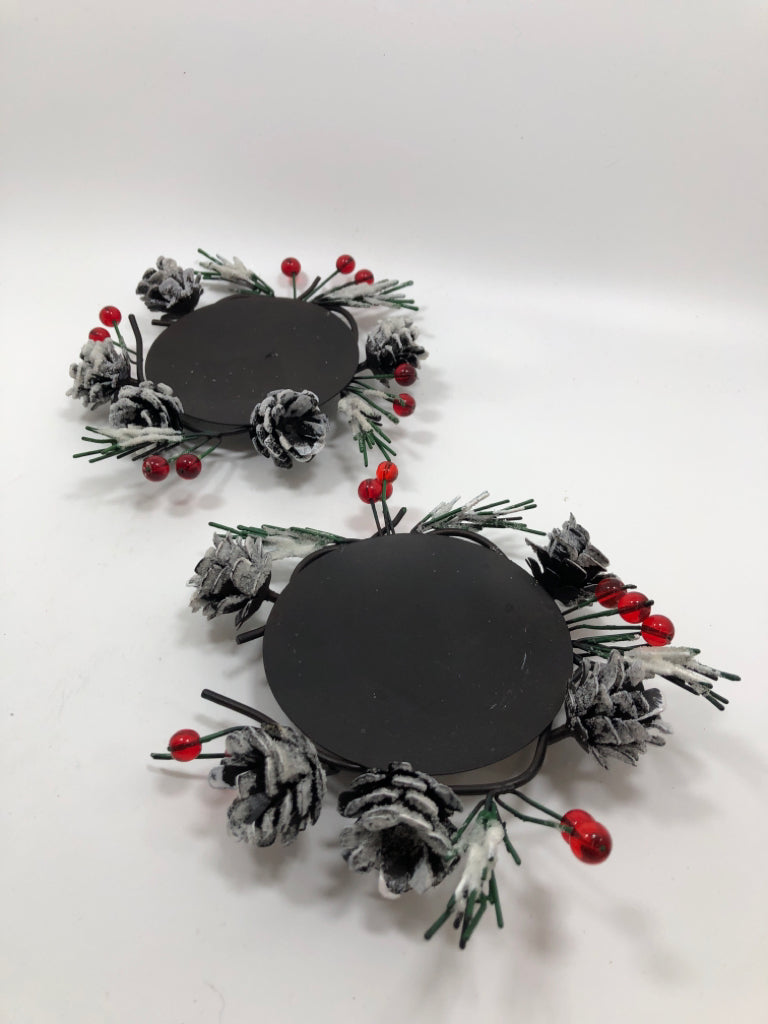 2 SHORT METAL PINE NEEDLES & FROSTED PINECONES PILLAR CANDLE HOLDERS.