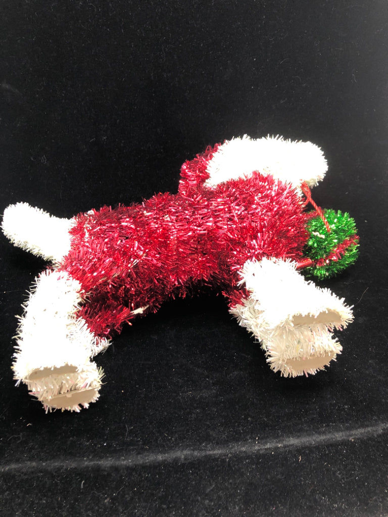 TINSEL DOG WITH PRESENT.