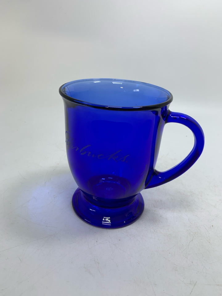 VTG ETCHED STARBUCKS COBALT BLUE FOOTED GLASS MUG.