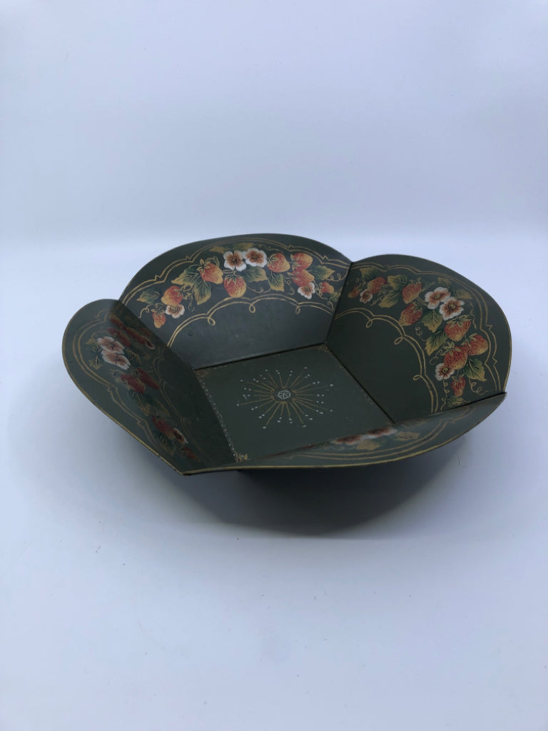 VTG GREEN METAL BOWL W FOLDED EDGED AND PAINTED STRAWBERRIES.