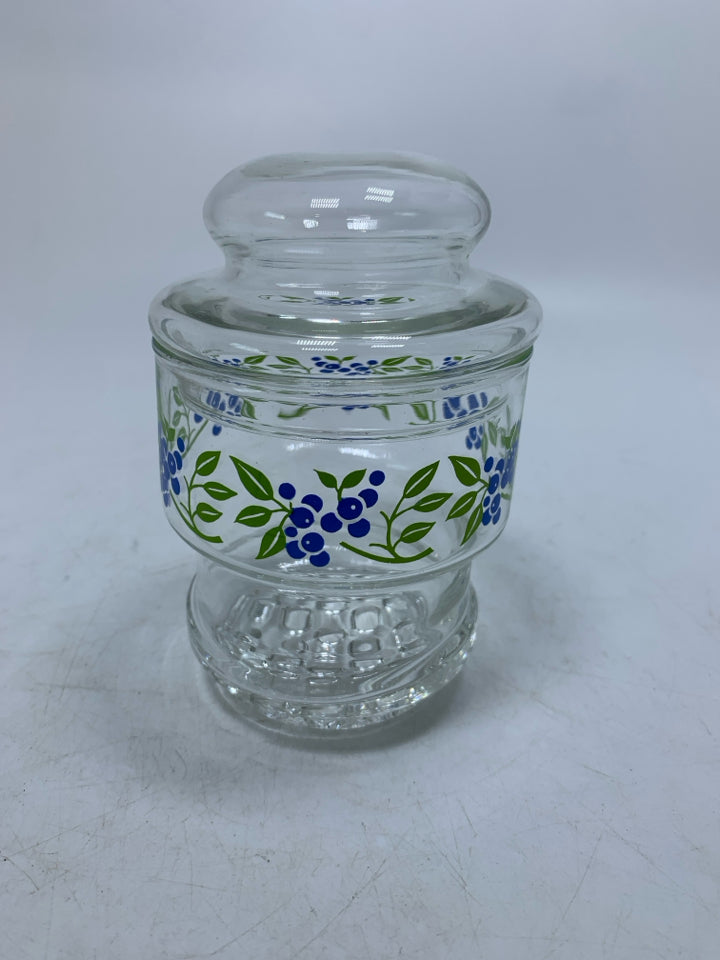 SMALL GLASS JAR W/ PRINTED BLUEBERRIES/LEAVES W/ LID.