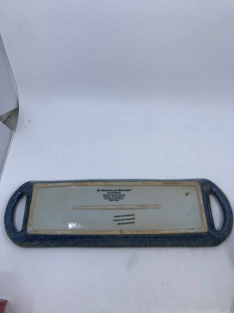 POTTERY SNOWMAN RECTANGLE TRAY W HANDLES.
