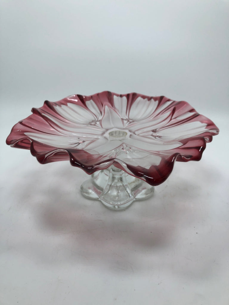 VTG CRANBERRY GLASS ROSE PEDESTAL BOWL.
