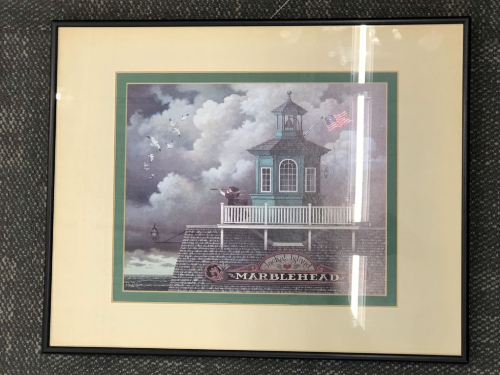 JACKAL ISLAND MARBLEHEAD PRINT IN BLACK FRAME.