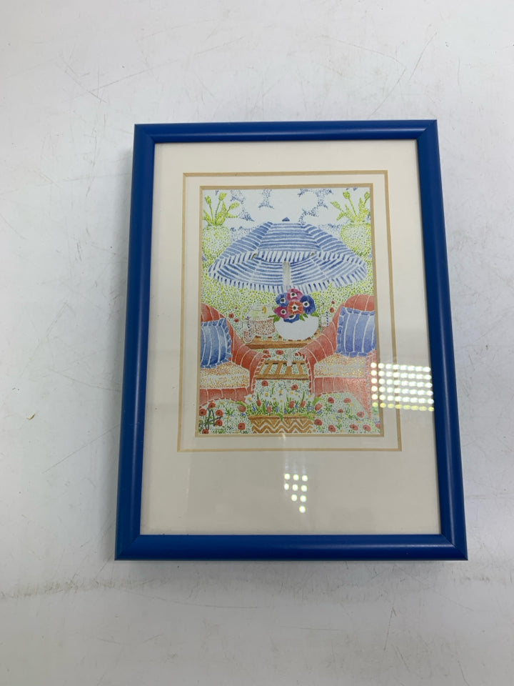 SMALL WATERCOLOR CHAIRS W/ UMBRELLA BLUE METAL FRAME.