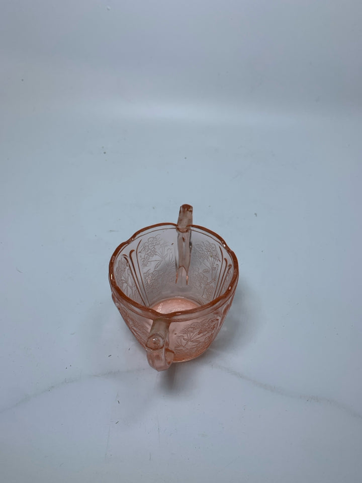 VTG DOUBLE HANDLE DEPRESSION GLASS W/ EMBOSSED FLOWERS.