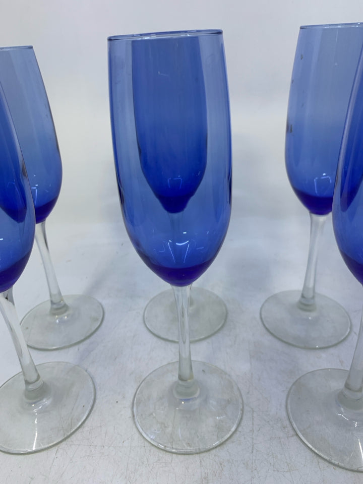 8 CLEAR STEM W/ BLUE BASE CHAMPAGNE GLASSES.