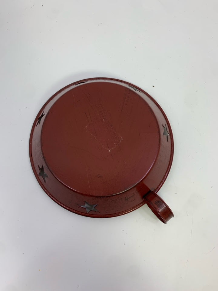 PRIM STYLE RED TIN CANDLE HOLDER W/STAR CUT-OUTS.