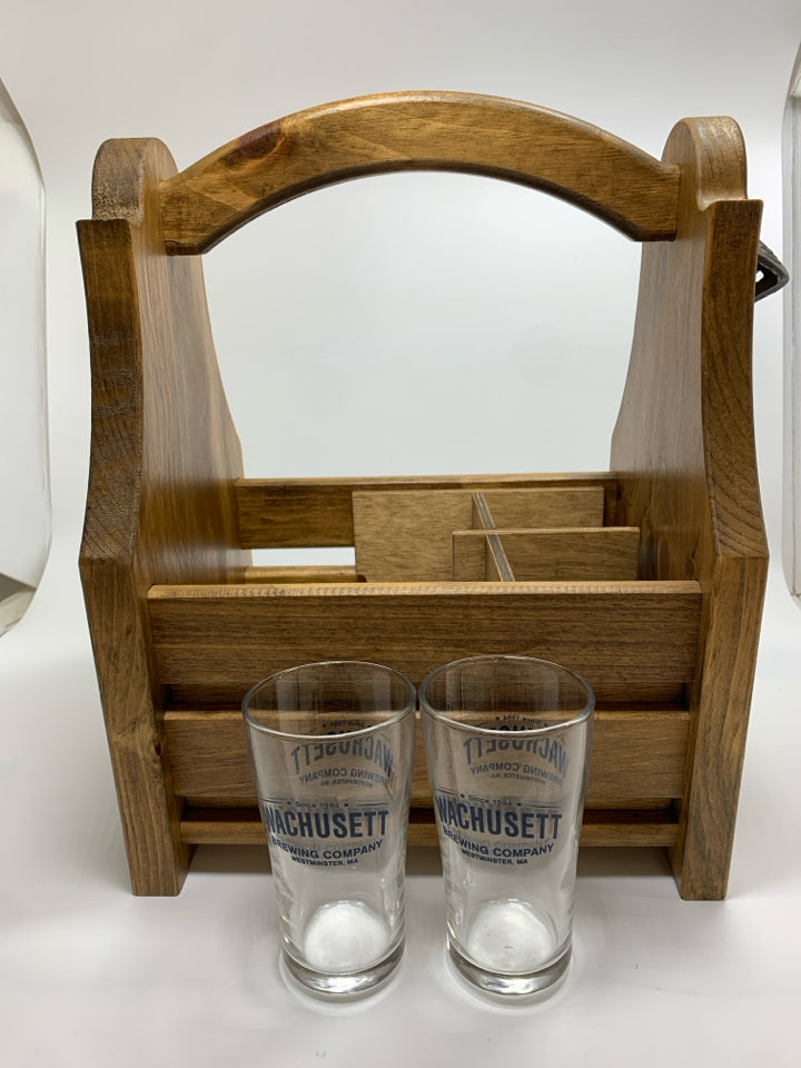 WACHUSETT BREWING COMPANY BOTTLE CADDY W/2 GLASSES.