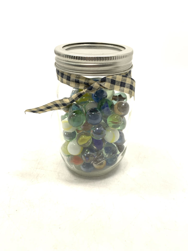 GLASS MASON JAR W/ MARBLES.