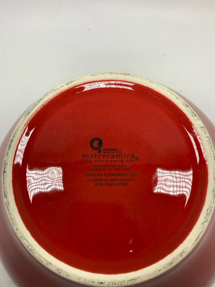 RED CERAMIC MIXING BOWL W/HANDLES.