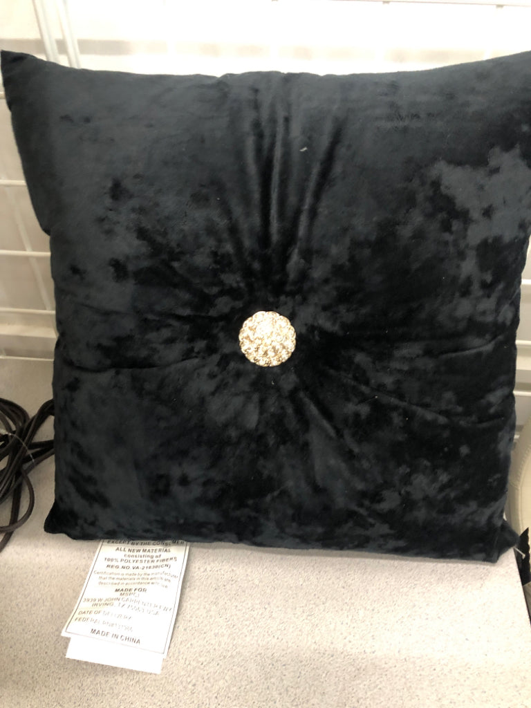 BLACK VELVET PILLOW W/GOLD/DIAMOND BUTTON.