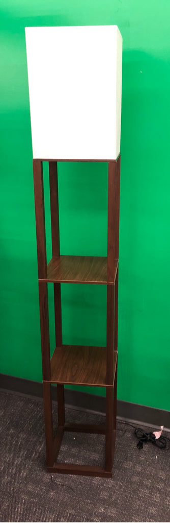 BROWN SHELF FLOOR LAMP W/WHITE SHADE.