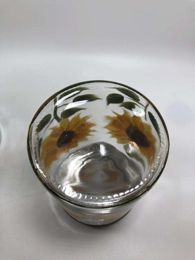 3PC SUNFLOWER PAINTED GLASS CANISTERS.