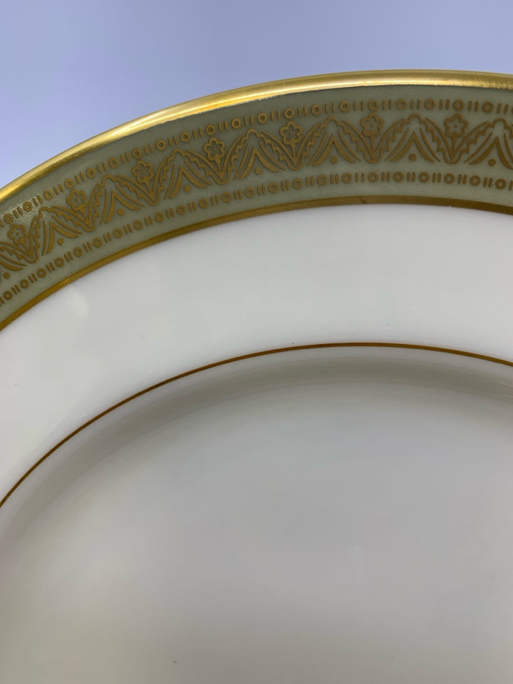 4 GREENFIELD PATTERN DINNER PLATES W/ GREEN EDGE.