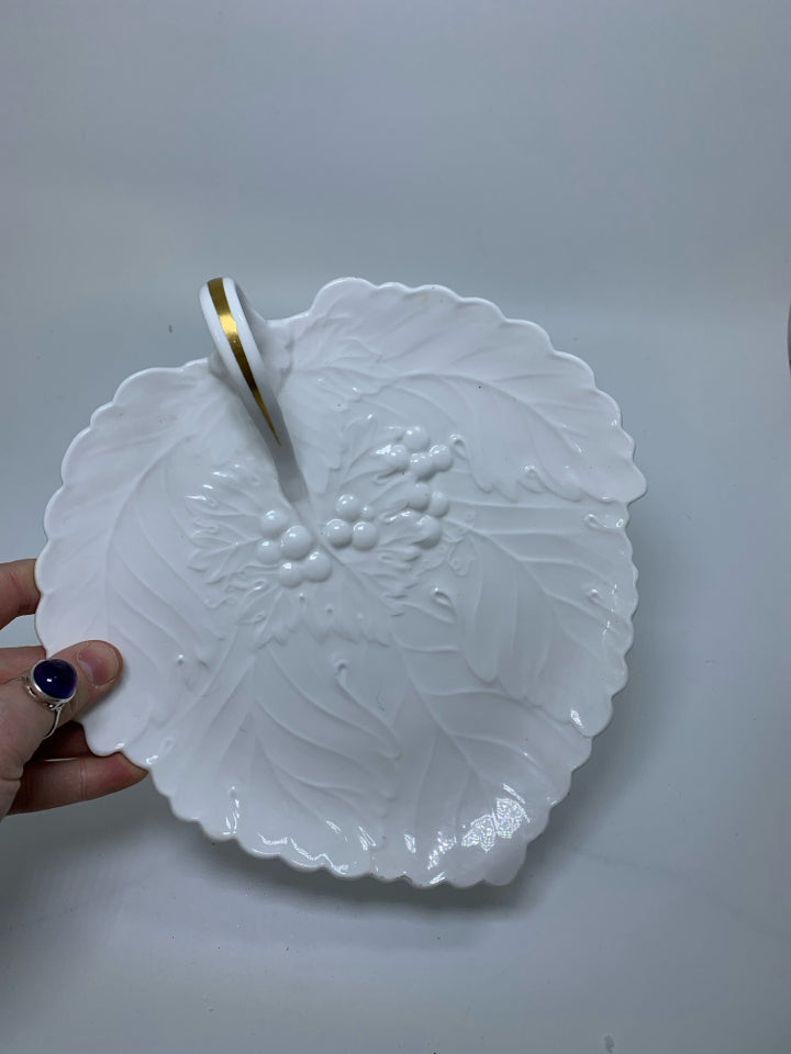 IMPERIAL FANCIES HANDLED LEAF SHAPED PLATE.