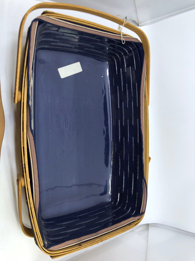 2000? ROUNDED RECTANGLE BASKET, LID, LINER, PROTECTOR- RED & BLUE WEAVE SILVER S