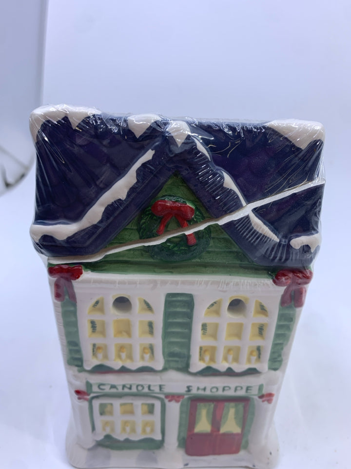 NIP CERAMIC CANDLE SHOPPE TEA LIGHT HOLDER YANKEE CANDLE + 3 SCENTS.
