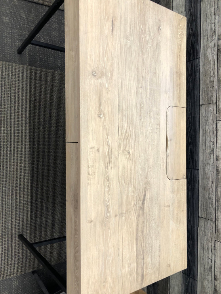 LIGHT WOOD WRITING DESK W/DRAWERS & CHARGING STATION.