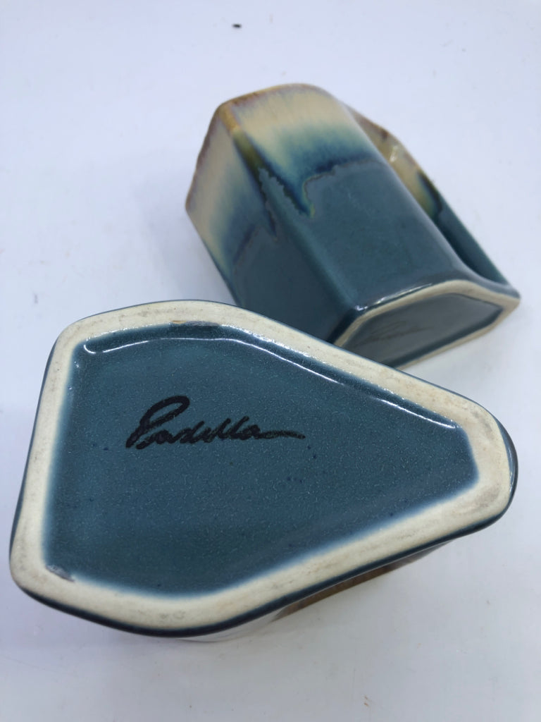 2 DRIP GLAZE POTTERY BLUE MUGS.