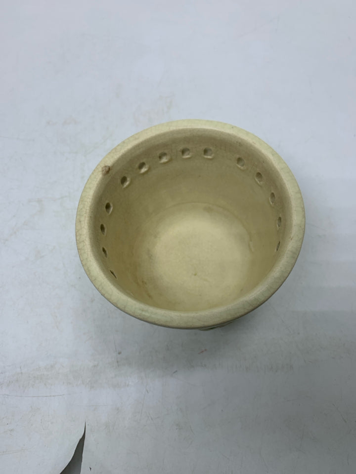 VTG CRACKLE SMALL PLANTER W/ EMBOSSED BERRIES PIERCED.