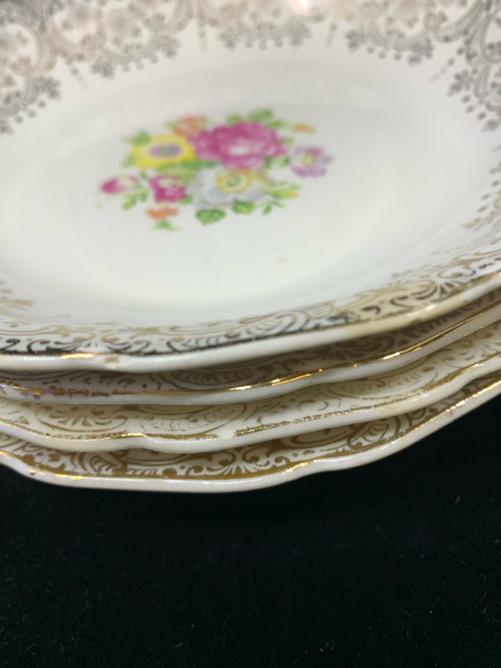 4 VTG SOUP BOWLS IVORY GOLD DESIGN W/ COLORFUL BOUQUET.
