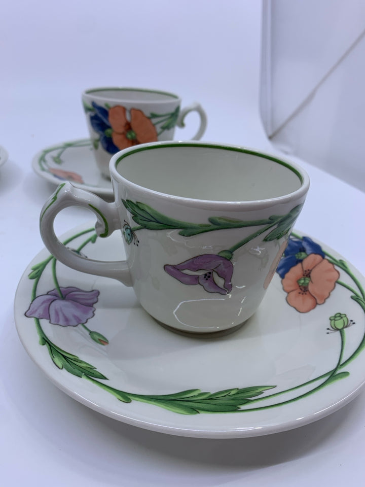 4 AMAPOLA FLORAL CUPS AND SAUCERS.