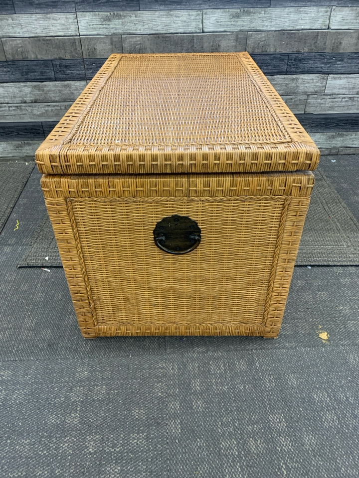WICKER STORAGE CHEST W/METAL HANDLES.