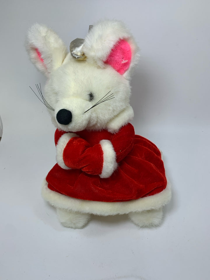 VTG WHITE PLUSH MOUSE W/ MR CLAUS DRESS.